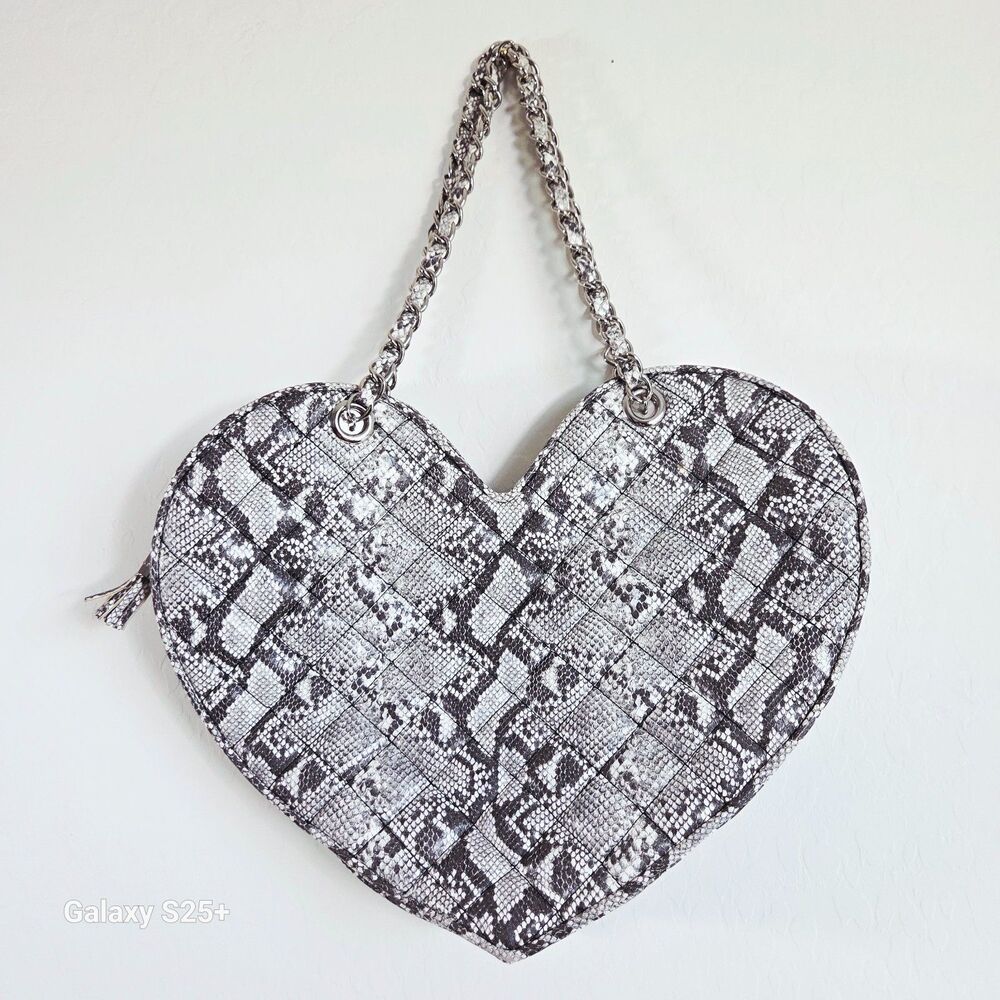 Bebe Large Quilted Snake Print Heart Shoulder Bag Y2K Statement Purse